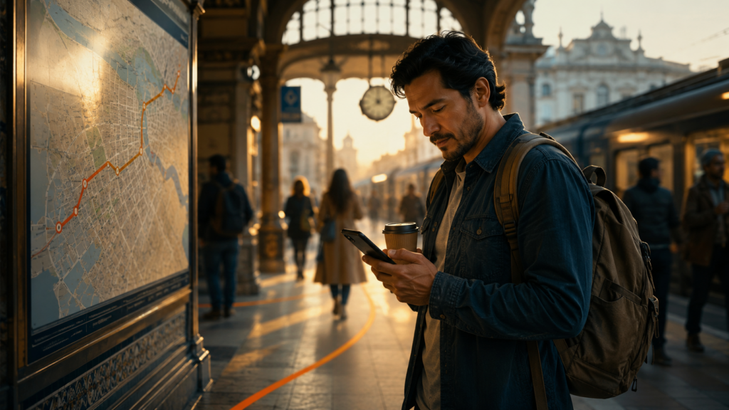 Cuánto tiempo toma adaptarse a vivir en otro país: hombre latino espera en una estación de tren mientras aprende a moverse en una nueva cultura.