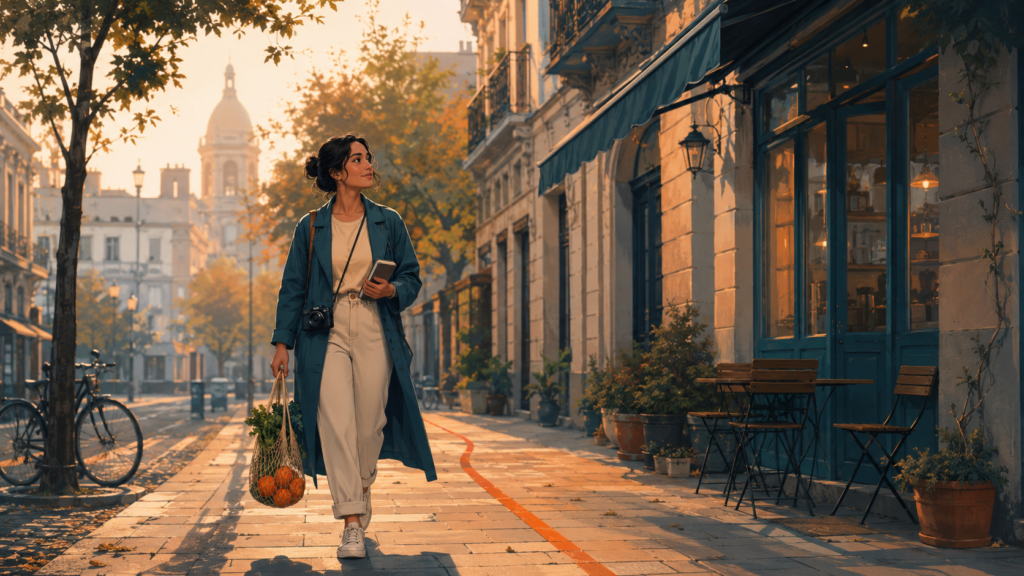 Cosas buenas de migrar: mujer latina camina por una calle extranjera al amanecer y descubre nuevas formas de pertenecer.